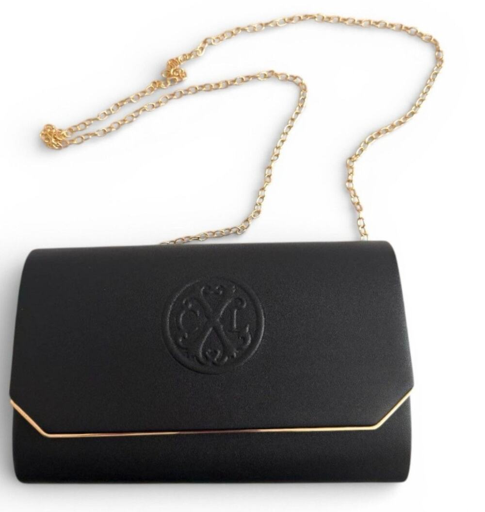 Christian Lacroix Madison Smooth Clutch, Black With Gold Chain, NWT